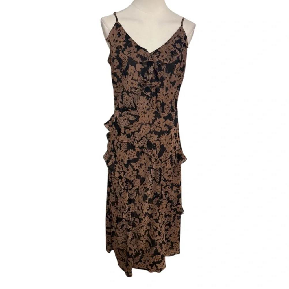 DRESS FORUM Floral Ruffle Midi Dress Cottagecore Size M Brown Black Neutral Boho